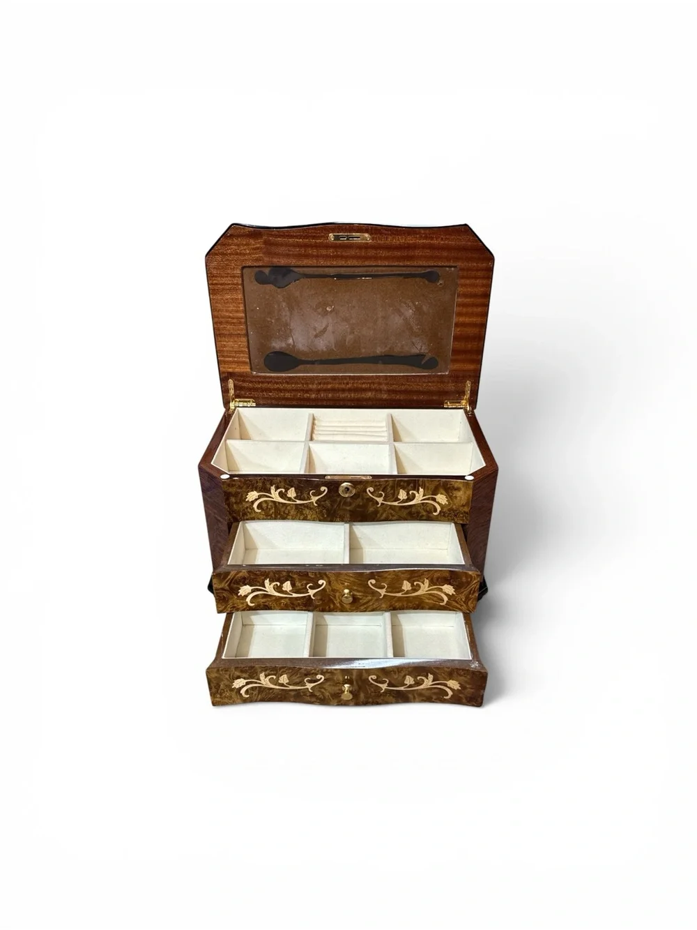 Vintage Italian Inlaid Burl Wood Glossy Jewelry Chest Box Inlayed Burl Wood Box
